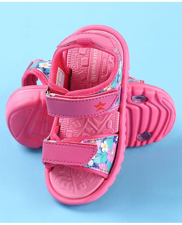 Cute Walk by Babyhug Velcro Closure Sandals with Floral Print - Dark Pink