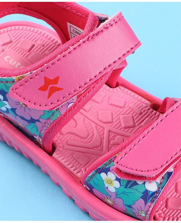 Cute Walk by Babyhug Velcro Closure Sandals with Floral Print - Dark Pink