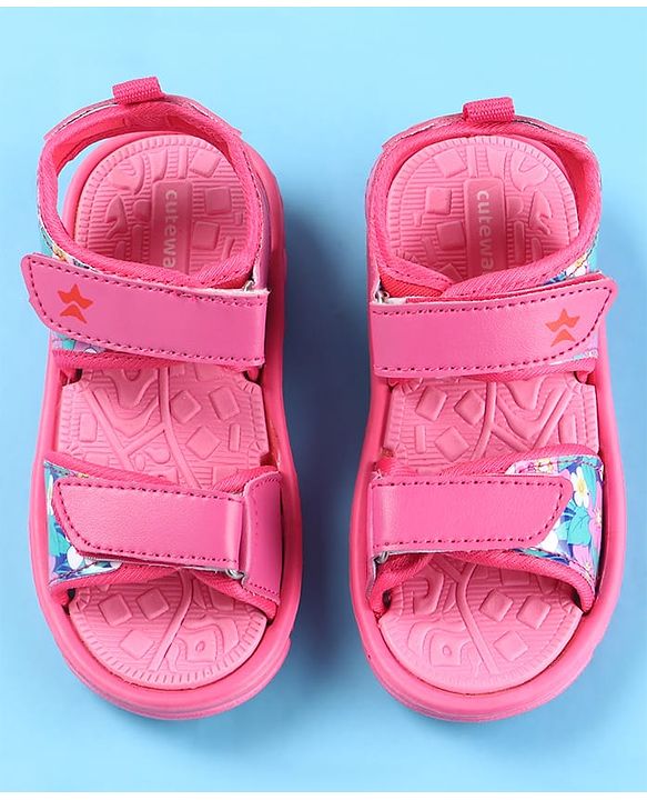 Cute Walk by Babyhug Velcro Closure Sandals with Floral Print - Dark Pink