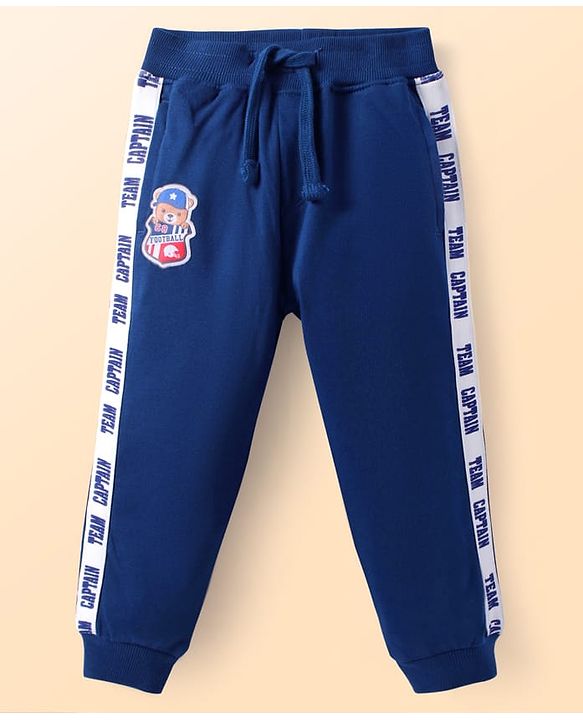 Babyhug  Terry Knit Full Length Lounge Pant With Text Print & Animal Patch - Navy Blue