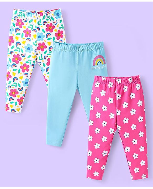 Babyhug Cotton Lycra Knit Full Length Leggings with Floral Print Pack of 3 - Pink Light Blue & White
