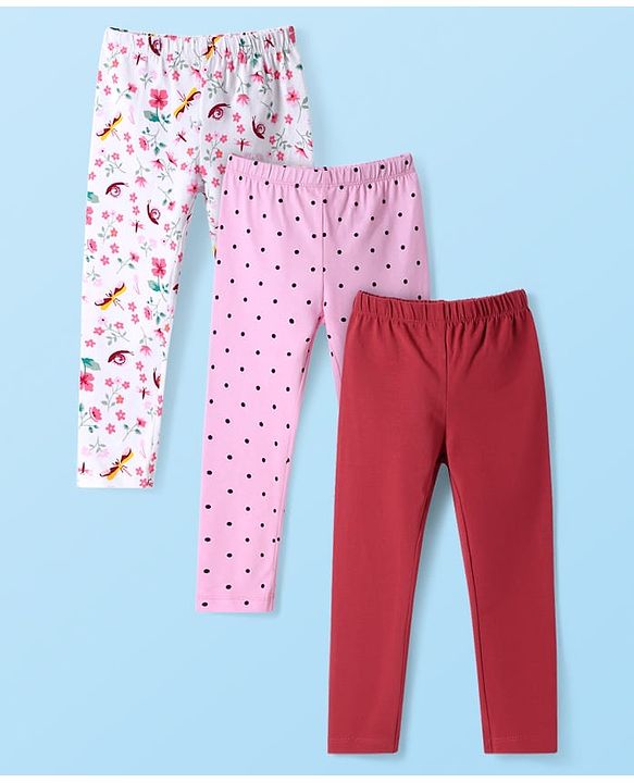Babyhug Cotton Lycra Knit Full Length Leggings With Floral & Polka Dot Print Pack of 3 - White Pink & Red
