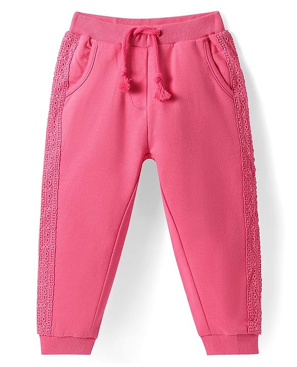 Babyhug  Terry Knit Full Length Lounge Pants with Crochet Detailing - Dark Pink