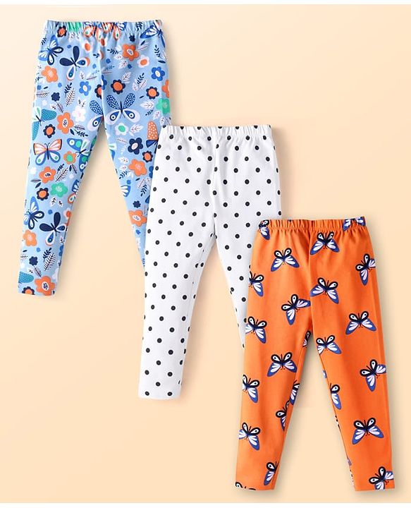 Babyhug Cotton Lycra Knit Full Length Leggings With Floral & Butterfly Print Pack of 3 - Blue White & Orange