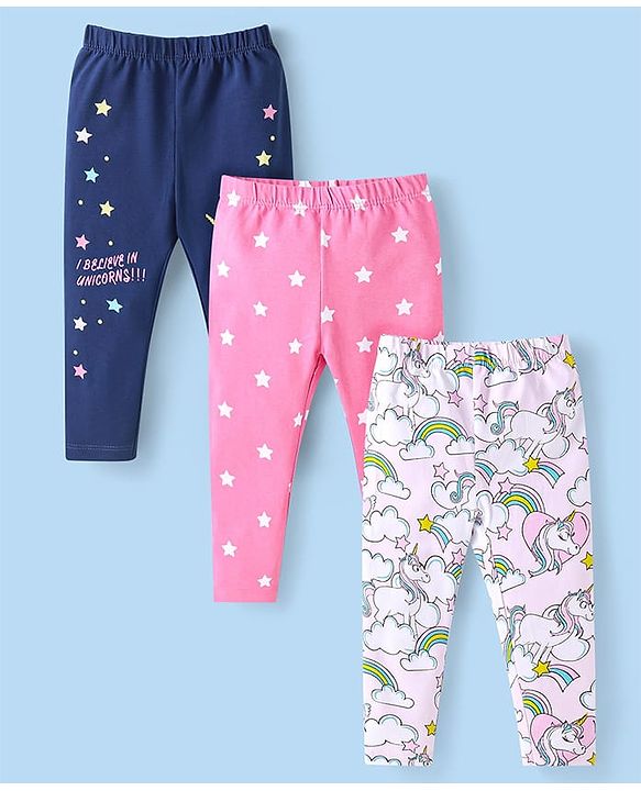 Babyhug Cotton Lycra Knit Full Length Leggings with Star & Unicorn Prints Pack of 3 - Navy Blue Pink & White