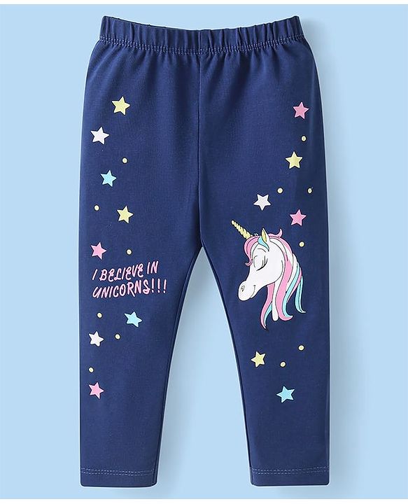 Babyhug Cotton Lycra Knit Full Length Leggings with Star & Unicorn Prints Pack of 3 - Navy Blue Pink & White