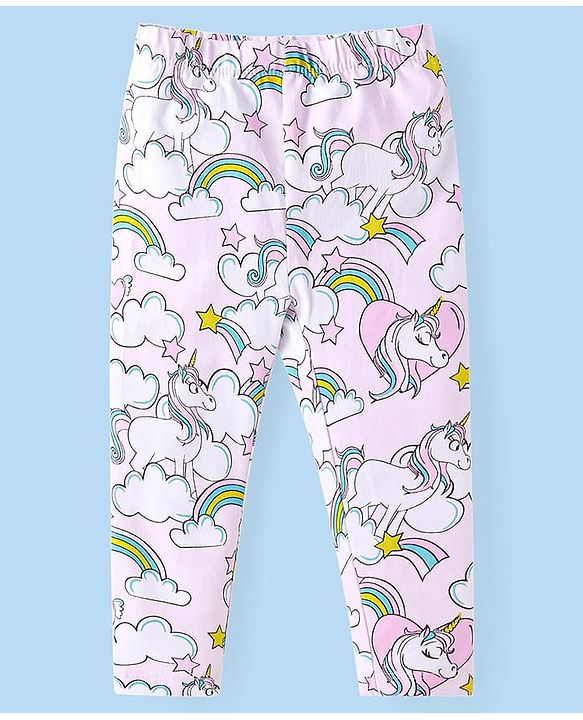 Babyhug Cotton Lycra Knit Full Length Leggings with Star & Unicorn Prints Pack of 3 - Navy Blue Pink & White