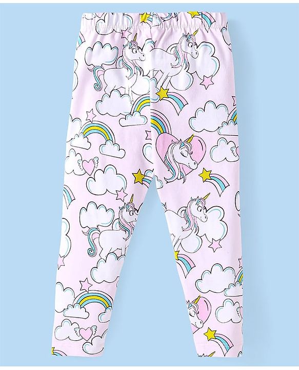 Babyhug Cotton Lycra Knit Full Length Leggings with Star & Unicorn Prints Pack of 3 - Navy Blue Pink & White