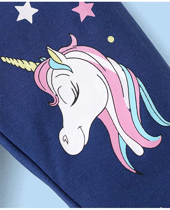 Babyhug Cotton Lycra Knit Full Length Leggings with Star & Unicorn Prints Pack of 3 - Navy Blue Pink & White