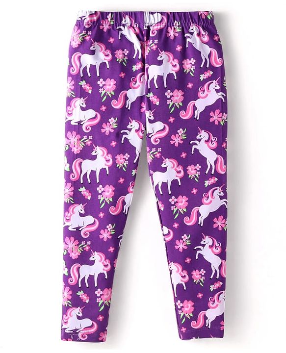 Babyhug Cotton Lycra Knit Full Length Leggings With Unicorn & Polka Dot Print Pack of 3 - Pink Violet & Purple