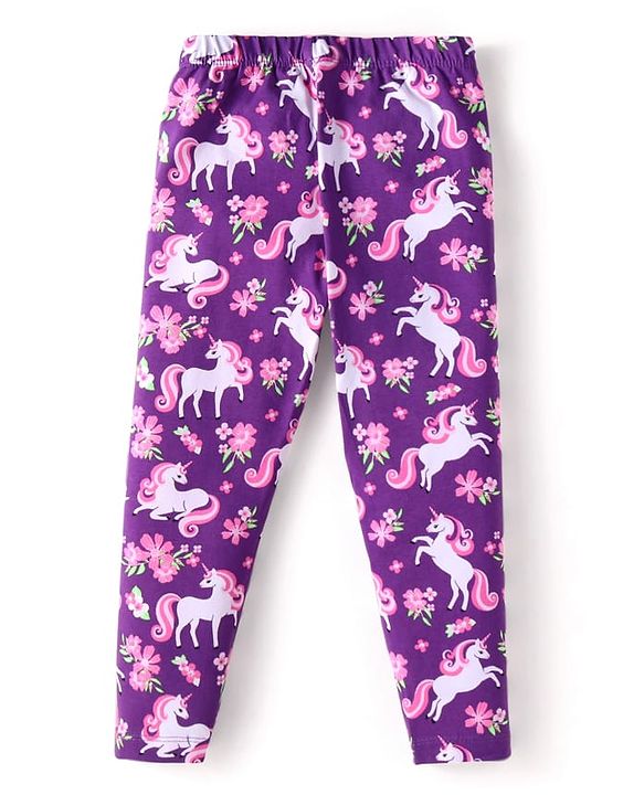 Babyhug Cotton Lycra Knit Full Length Leggings With Unicorn & Polka Dot Print Pack of 3 - Pink Violet & Purple