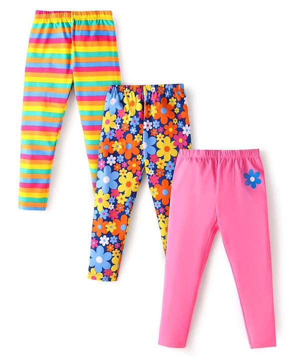 Babyhug Interlock Knit Full Length  Striped & Floral  Printed Diaper Leggings Pack of 3 - Pink Navy & Yellow