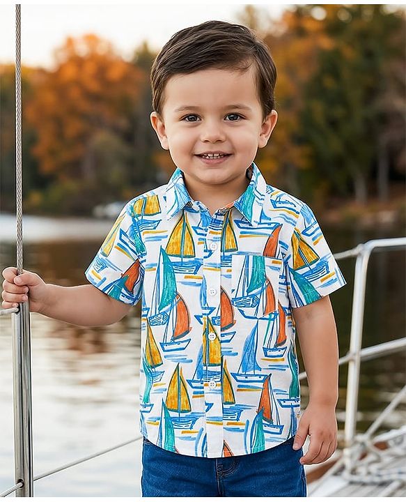 Babyhug Cotton Knit Half Sleeves Collar Shirt with Beach Theme Print- Light Blue & White