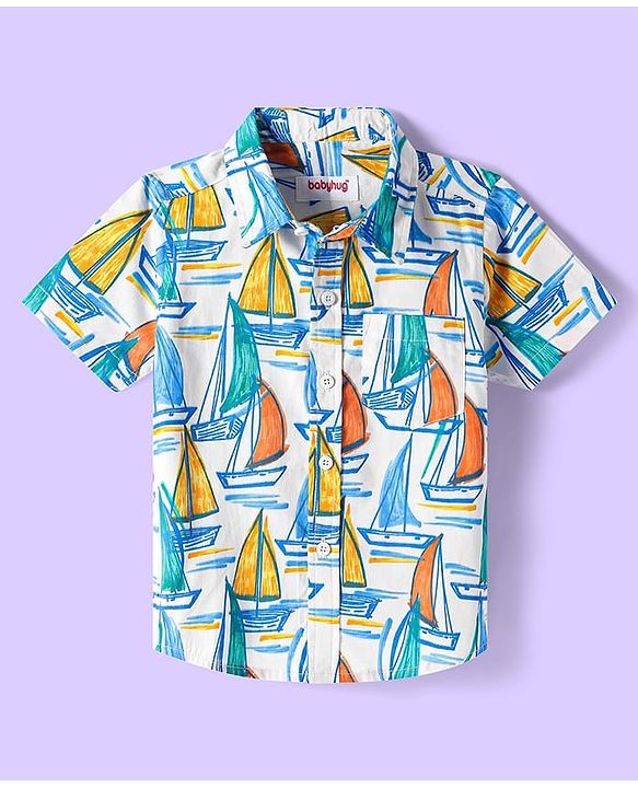 Babyhug Cotton Knit Half Sleeves Collar Shirt with Beach Theme Print- Light Blue & White
