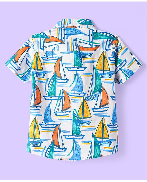 Babyhug Cotton Knit Half Sleeves Collar Shirt with Beach Theme Print- Light Blue & White