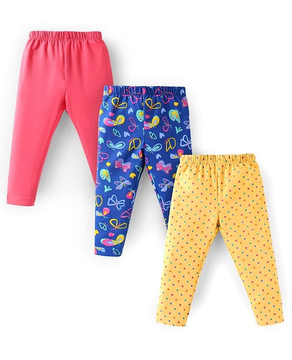 Babyhug Cotton Lycra Knit Full Length Leggings Pants with Solid Polka Dots & Butterfly Print Pack of 3 - Pink Blue & Yellow