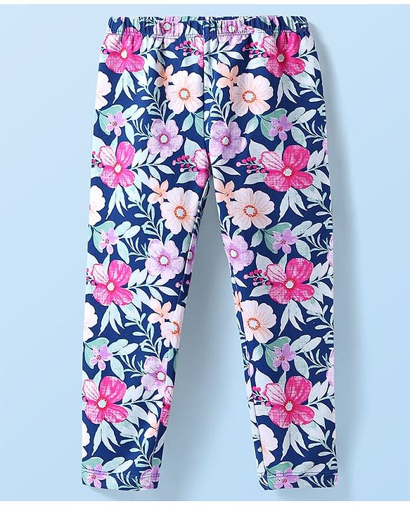 Babyhug Cotton Lycra Knit Full Length Legging With Floral Print - Navy Blue