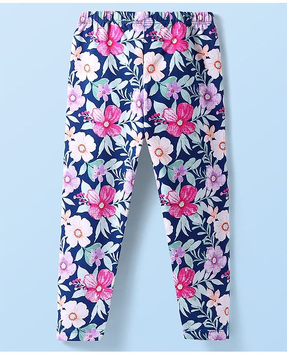 Babyhug Cotton Lycra Knit Full Length Legging With Floral Print - Navy Blue