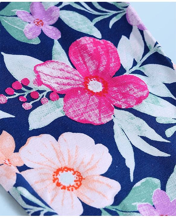Babyhug Cotton Lycra Knit Full Length Legging With Floral Print - Navy Blue