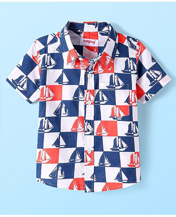 Babyhug Cotton Woven Half Sleeves Check Shirt with Boat Print - Blue & White
