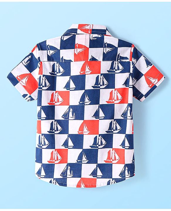 Babyhug Cotton Woven Half Sleeves Check Shirt with Boat Print - Blue & White