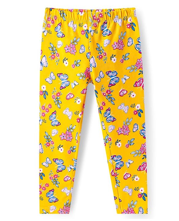Babyhug Cotton Lycra Knit Full Length Leggings with Butterfly Print - Yellow