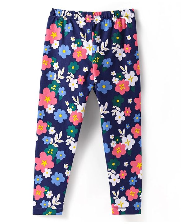 Babyhug Cotton Lycra Knit Full Length Leggings with Floral Print -Navy Blue
