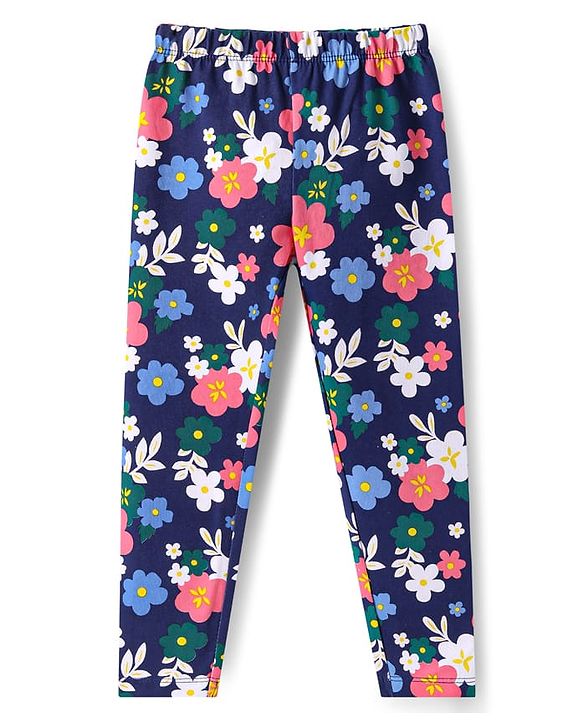 Babyhug Cotton Lycra Knit Full Length Leggings with Floral Print -Navy Blue