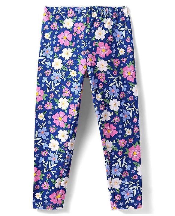 Babyhug Cotton Lycra Knit Full Length Legging With Floral Print - Navy Blue