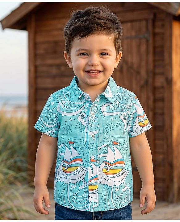 Babyhug Cotton Woven Half Sleeves Shirt With Ship Print - Blue