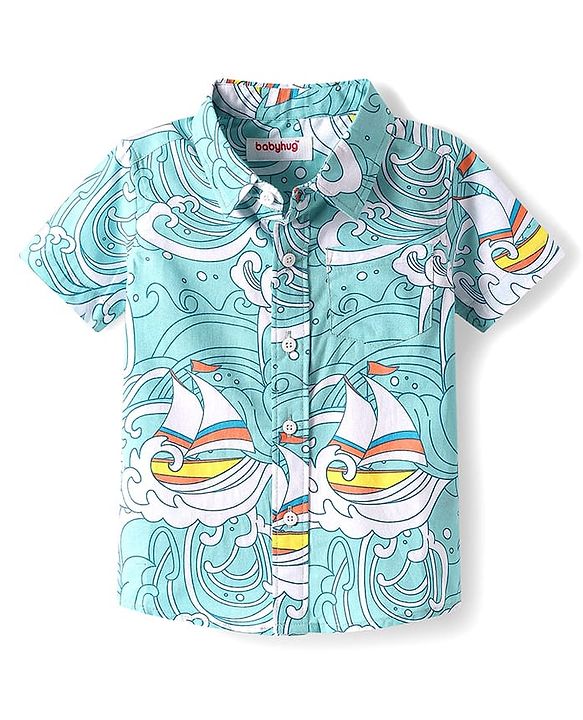 Babyhug Cotton Woven Half Sleeves Shirt With Ship Print - Blue
