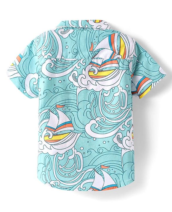 Babyhug Cotton Woven Half Sleeves Shirt With Ship Print - Blue
