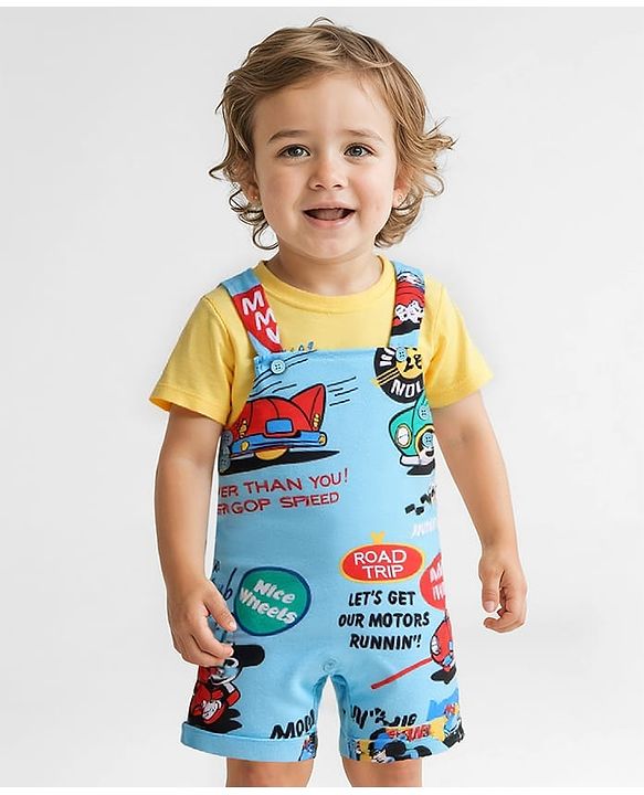 Babyhug Disney Single Jersey Knit Dungaree & Half Sleeves T-Shirt With Mickey Mouse Graphics - Light Blue & Yellow