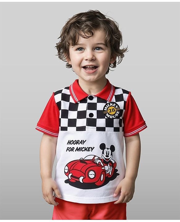 Babyhug Disney Single Jersey Knit Half Sleeve Collar  T-Shirt With Front & Back Mickey Mouse Graphics - Red & White