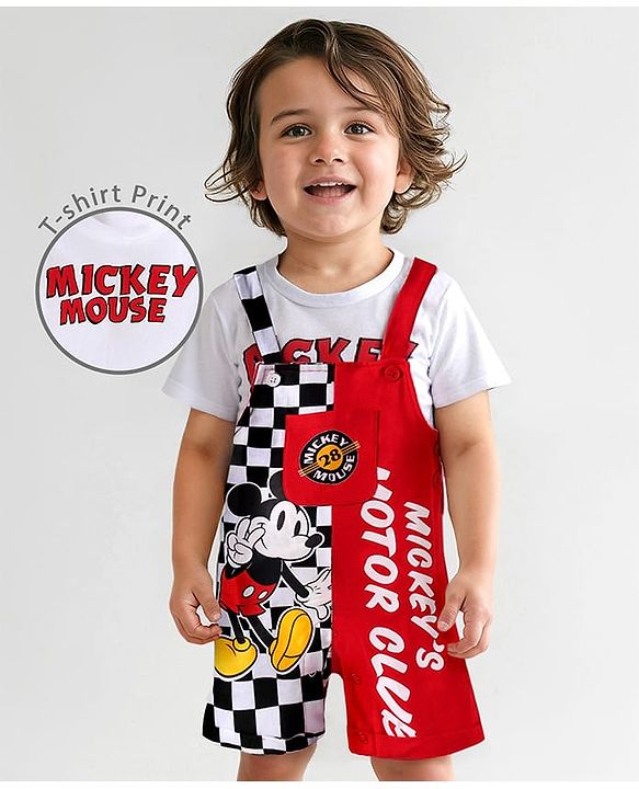 Babyhug Disney Single Jersey Knit Half Sleeves T-Shirt & Dungaree Set with Mickey Mouse Graphics - Red