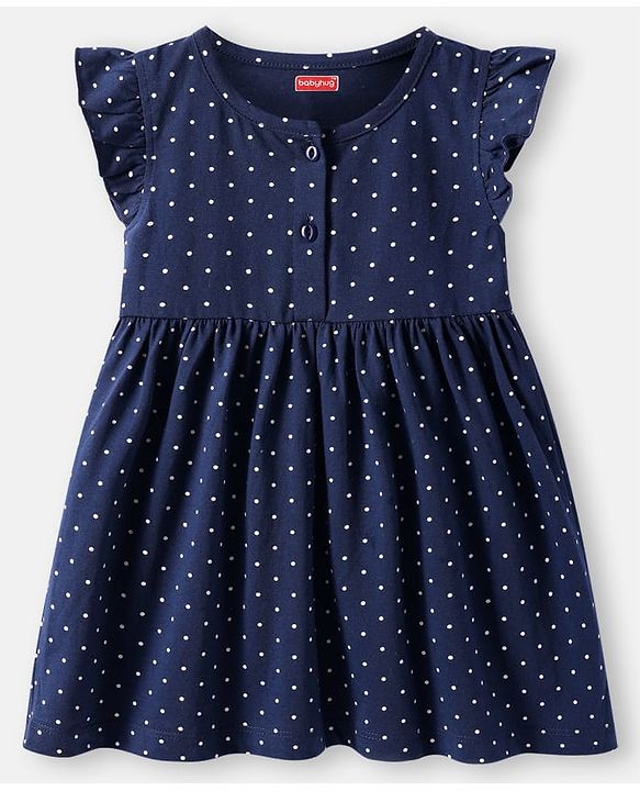 Babyhug Cotton Knit Frill Sleeves Frocks With Heart & Polka Dot Print & Bow Applique Pack of 2 - Navy Blue & White