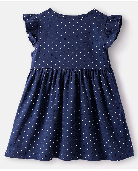 Babyhug Cotton Knit Frill Sleeves Frocks With Heart & Polka Dot Print & Bow Applique Pack of 2 - Navy Blue & White