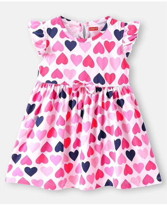 Babyhug Cotton Knit Frill Sleeves Frocks With Heart & Polka Dot Print & Bow Applique Pack of 2 - Navy Blue & White
