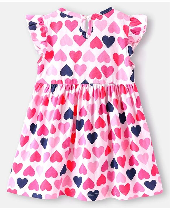 Babyhug Cotton Knit Frill Sleeves Frocks With Heart & Polka Dot Print & Bow Applique Pack of 2 - Navy Blue & White