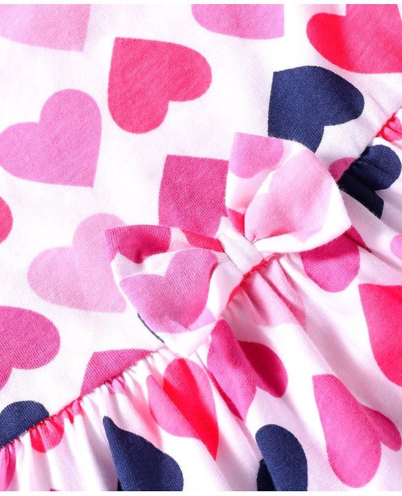 Babyhug Cotton Knit Frill Sleeves Frocks With Heart & Polka Dot Print & Bow Applique Pack of 2 - Navy Blue & White