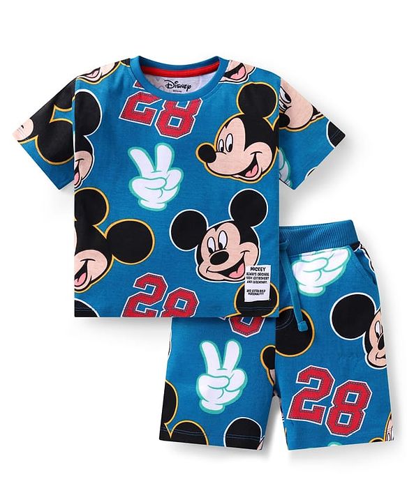Babyhug Disney Cotton Knit Half Sleeves T-Shirt & Shorts Set With Mickey Mouse Graphics - Blue