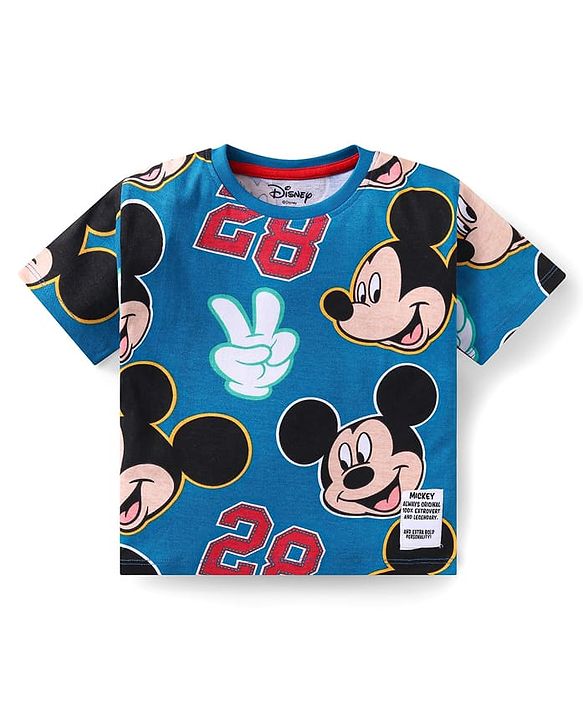 Babyhug Disney Cotton Knit Half Sleeves T-Shirt & Shorts Set With Mickey Mouse Graphics - Blue