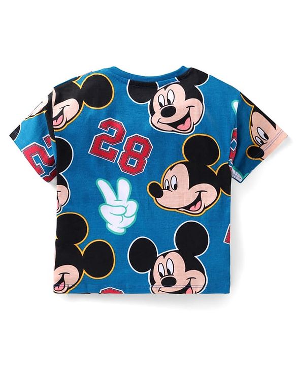 Babyhug Disney Cotton Knit Half Sleeves T-Shirt & Shorts Set With Mickey Mouse Graphics - Blue