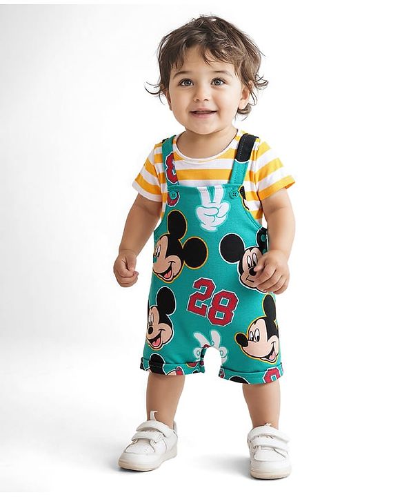 Babyhug Disney Single Jersey Knit Dungaree & Half Sleeves Striped T-Shirt With Mickey Mouse Graphics - Turquoise & Yellow