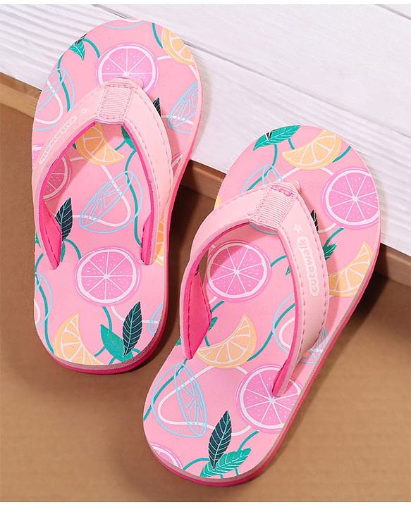 Cute Walk by Babyhug Slip On Flip Flops with Lemonade Print - Pink