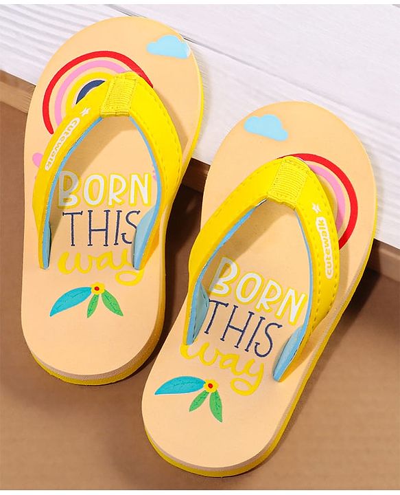 Cute Walk by Babyhug Slip On Flip Flops with Born This Way Print - Yellow