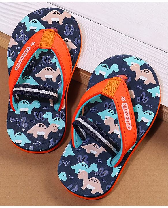 Cute Walk by Babyhug Flip Flops With Back Strap Dino Print - Navy Blue