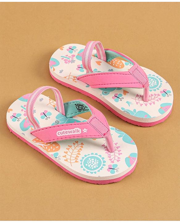 Cute Walk by Babyhug Flip Flops with Back Strap Closure & Jungle Theme Print - Pink