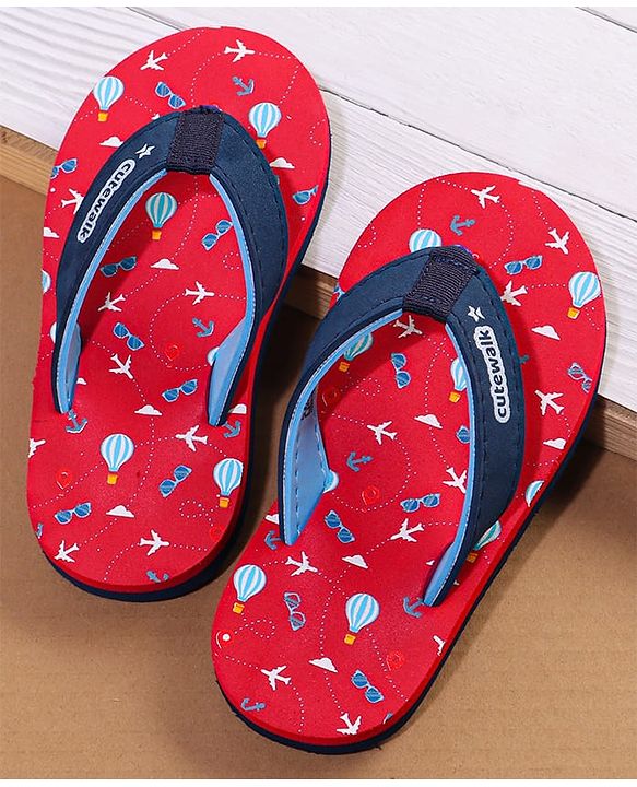 Cute Walk by Babyhug Flip Flops With Aeroplane Print - Red