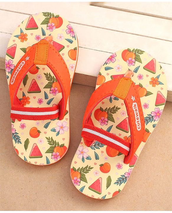 Cute Walk by Babyhug Floral & Fruits Printed Flip Flops With Backstrap - Orange